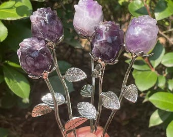 Rose améthyste naturelle, fleur de rose sculptée à la main, pierre précieuse en cristal (1 pièce)