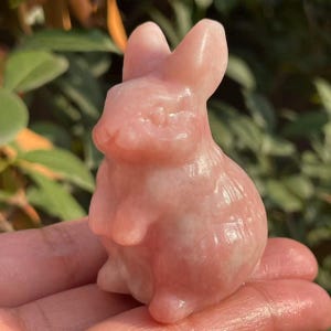 May include: A pink gemstone rabbit figurine. The bunny is carved from a light pink stone, with visible texture and detail. The rabbit is in a seated position with its ears upright. The figurine is held in a hand.