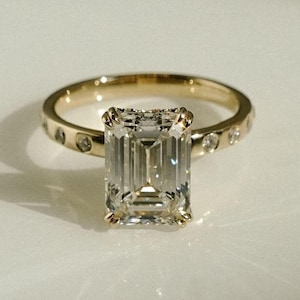 Exclusive Emerald Cut Moissanite Diamond Ring, Double Prong Set Flush Shank Hidden Diamond Engagement Ring, Single Stone Ring Gift For Her.