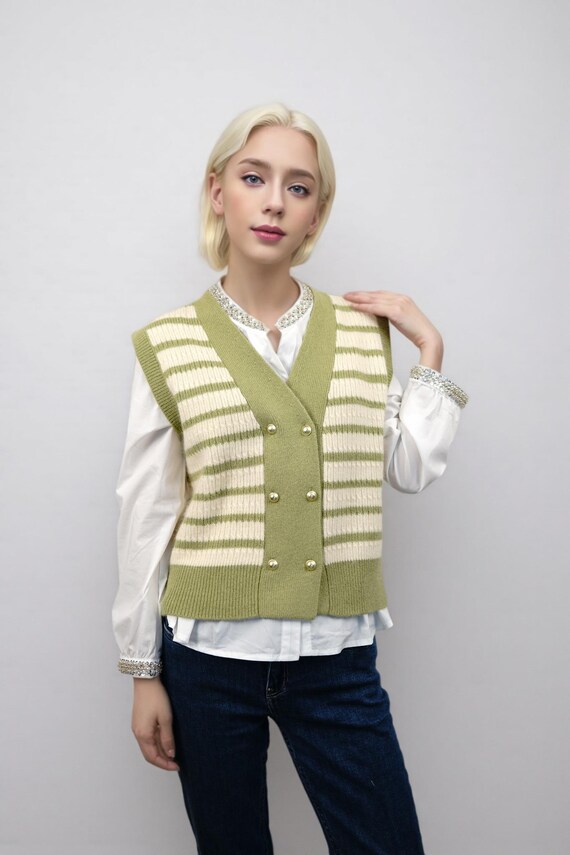 Striped Knit Sweater Vest: Green Preppy Sleeveless Top