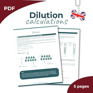 Peut inclure: Un document PDF intitulé "Calculs de dilution" avec des schémas et du texte expliquant les dilutions. Le document comprend des exemples de dilutions 1:10 et des schémas de solutions. Un porte-clés pour chien Union Jack est suspendu en haut à droite. Le document compte 5 pages.