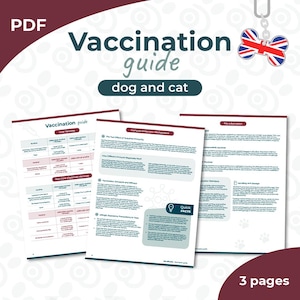 Peut inclure: Un document PDF intitulé « Guide de vaccination » pour chiens et chats. Le guide comprend des informations sur les vaccins de base et non essentiels, les mécanismes de protection immunitaire et des informations clés. Un charme en forme d'os de chien Union Jack est suspendu en haut.