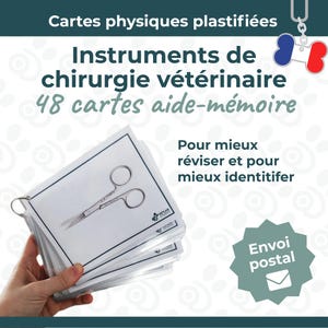 Könnte beinhalten: Ein Stapel laminierter Karteikarten für veterinärmedizinische chirurgische Instrumente. Die Karten werden von einem Metallring zusammengehalten. Der Text auf den Karten lautet "Instruments de chirurgie vétérinaire" und "48 cartes aide-mémoire".