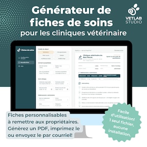 May include: A computer monitor displaying a veterinary care sheet generator software interface. The screen shows input fields for animal and owner details, clinical follow-up, and medication instructions, alongside a preview of a printable PDF document.