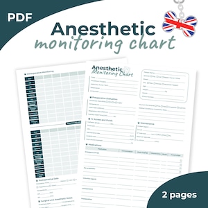 Può includere: PDF di due pagine intitolato "Tabella di monitoraggio anestetico". Il grafico include sezioni per il monitoraggio intraoperatorio e postoperatorio, la valutazione preoperatoria, l'accesso IV, i fluidi e i farmaci. Un ciondolo a forma di osso di cane Union Jack è appeso nell'angolo in alto a destra.