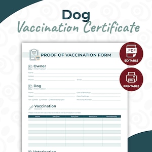 Dog Vaccination Record - Proof Of Vaccination Dog - Printable Pet Immunization Form - Editable Proof of Vaccination Certificate for Dogs PDF