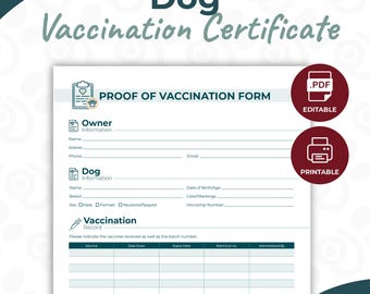 Impfpass für Hunde – Impfnachweis für Hunde – Druckbares Formular für Haustierimpfungen – Bearbeitbares Impfzertifikat für Hunde (PDF)