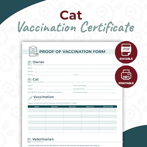Cat Vaccination Record - Proof Of Vaccination Cat - Printable Pet Immunization Form - Editable Proof of Vaccination Certificate for Dogs PDF