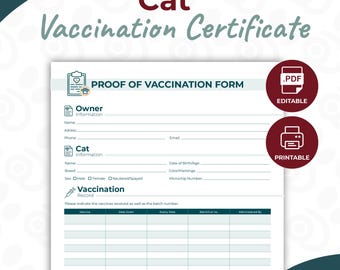 Impfpass für Katzen – Impfnachweis für Katzen – Druckbares Formular für Haustierimpfungen – Bearbeitbares Impfzertifikat für Hunde (PDF)