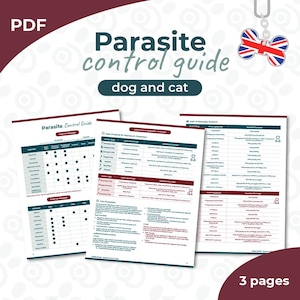 Peut inclure: Un document PDF intitulé "Guide de contrôle des parasites" pour chiens et chats. Le guide comprend des tableaux détaillés et des informations sur le contrôle des parasites, avec un porte-clés en forme d'os de chien Union Jack en arrière-plan. Le document compte 3 pages.