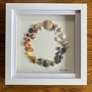 Handmade sea glass, pebbles, seashell wall art box-framed picture.