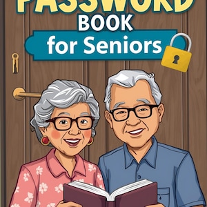Puede incluir: Portada de libro con el título "PASSWORD BOOK for Seniors" sobre una ilustración de dos personas mayores sonriendo y sosteniendo un libro. El fondo es una puerta de madera con un icono de candado.
