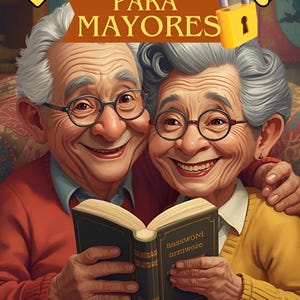Puede incluir: Ilustración de una pareja de ancianos sonriendo mientras leen un libro titulado "Libro de contraseñas para mayores". El libro tiene la palabra "password" en la página. La imagen tiene una paleta de colores cálidos con un candado amarillo.