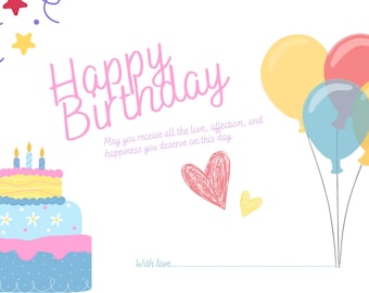Modello modificabile per biglietto di auguri di buon compleanno – Biglietto di auguri di compleanno stampabile Canva – Palloncini pastello e design di torte – Download digitale istantaneo
