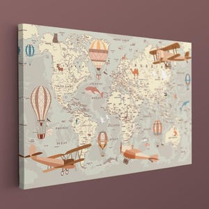 May include: A canvas print depicting a world map with illustrations of aeroplanes and hot air balloons in brown, beige, and blue. The map is mounted on a wall with a muted red-brown colour.