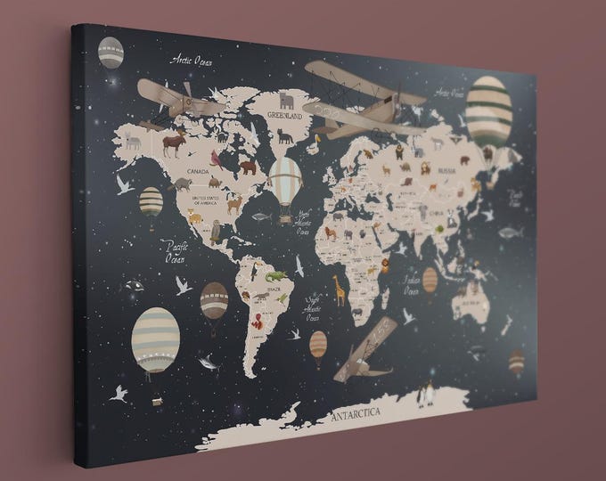 World Map Print Kids Poster World Map Landmarks Animal Nursery Print ...