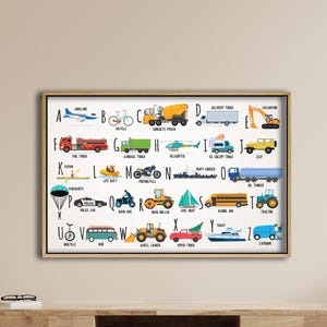 Alfabetafdruk transport – ABC-poster voertuigen voor kinderen – Educatieve kunst aan de muur kinderkamer – Decor jongens speelkamer – Print klassikaal leren