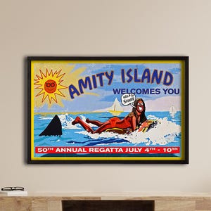 Jaws Amity Island Poster, &quot;Help! Shark&quot;Jaws Canvas Poster,Vintage Beach Billboard Canvas,  1970s Movie Prop Wall Art, Coastal Home Decor