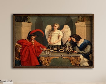 The Chess Players Canvas Print Poster, Faust and Mephistopheles Painting, Angel Chess Scene, Classic Art Wall Decor for Home or Office