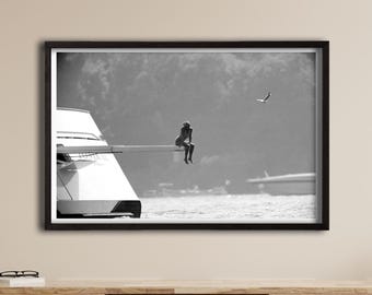 Princess Diana Yacht Canvas Art, Black and White Royal Photography Print, Lady Diana Spencer Poster, Vintage Ocean Wall Art, Iconic Photo