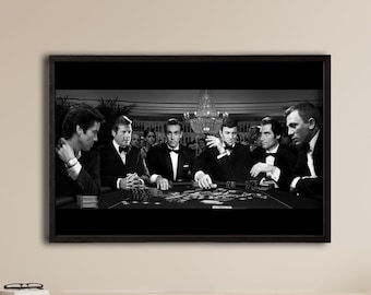 James Bond Poker Scene Wall Art – Black & White Casino Print – 007 Movie Poster, Vintage Hollywood Spy Decor for Home Theater