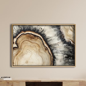 Anneau d&#39;arbre d&#39;art mural, impression abstraite sur toile en bois, très grande oeuvre d&#39;art murale, motif racines biologiques, décoration d&#39;intérieur naturalisme moderne