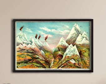 May include: Framed vintage print of a mountain range with snow-capped peaks, green valleys, and a blue sky. The artwork is displayed in a black frame and hangs above a wooden cabinet.