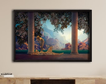 Maxfield Parrish Daybreak Canvas Print, Mythological Art Nouveau Wall Art, Aurora Morning Goddess Painting, Fantasy Landscape Poster