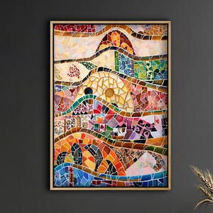 Antoni Gaudi Mosaic Canvas Wall Art, Barcelona Park Guell Inspired Print, Colorful Abstract Tile Artwork, Spanish Modernist Home Decor