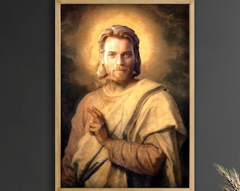 May include: A framed portrait of a man with long hair and a beard, wearing a cream-colored robe. The portrait has a golden halo effect around the man's head. The artwork is displayed on a dark gray wall above a wooden cabinet.