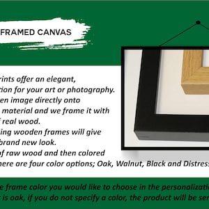 May include: Image of wooden framed canvas prints. The image shows a black frame and a natural wood frame. The text states that the frames are made of real wood and are available in four colors: Oak, Walnut, Black, and Distressed White.
