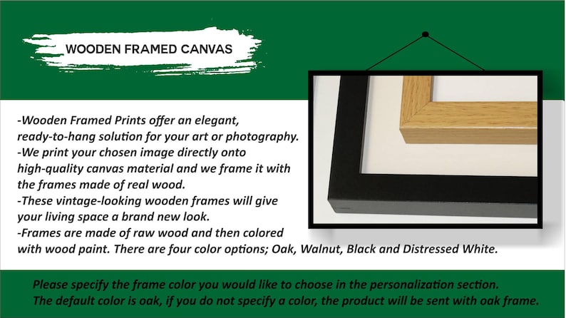 May include: Image of wooden framed canvas prints. The image shows a black frame and a natural wood frame. The text states that the frames are made of real wood and are available in four colors: Oak, Walnut, Black, and Distressed White.