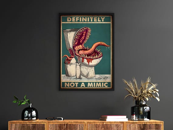 Definitely Not A Mimic Vintage Wall Art, Funny DND Bathroom Poster, Dungeon RPG Bathroom Decor, Gift for Gamers, Bathroom Funny Wall Art