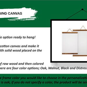 May include: Hanging canvas art with white canvas and wooden accents. The text on the image says "HANGING CANVAS". The frames are available in oak, walnut, black, and distressed white. The canvas is made of 100% cotton.