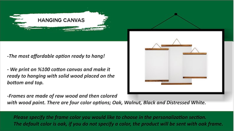 May include: Hanging canvas art with white canvas and wooden accents. The text on the image says "HANGING CANVAS". The frames are available in oak, walnut, black, and distressed white. The canvas is made of 100% cotton.