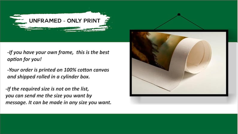 May include: A rolled canvas print, displayed in a black frame, against a white background. The text "UNFRAMED - ONLY PRINT" is at the top. Additional text explains the print is on cotton canvas and shipped rolled.
