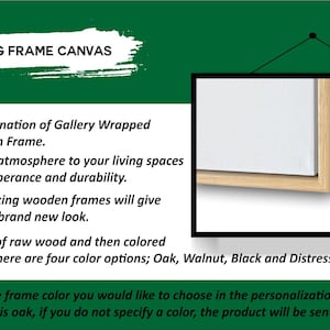 May include: A floating frame canvas with a white canvas and a natural wood frame. The image includes text describing the product's features, including the combination of a gallery-wrapped canvas and a wooden frame. Frame color options are Oak, Walnut, Black, and Distressed White.