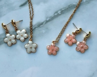 Dainty Cherry Blossom Earrings and Necklace