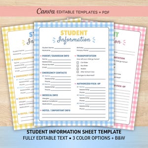 Student Contact Form Template | Back to School Teacher Form | Emergency Contact & Dismissal Sheet | Editable Canva | Gingham Class Printable