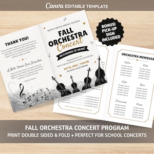 Puede incluir: Un programa de papel blanco plegado para un concierto de orquesta de otoño con siluetas negras de instrumentos de cuerda, notas musicales y texto que incluye Maple Grove Middle School, detalles del concierto y miembros de la orquesta.