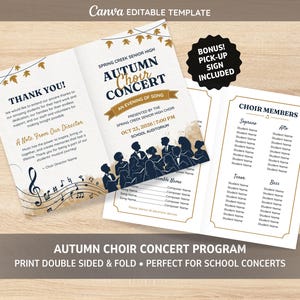Könnte beinhalten: Ein gefaltetes Programmheft für ein Herbst-Chorkonzert mit einer dunkelblauen Silhouette eines Chors, goldenen Blätterakzenten und Noten. Der Text enthält Spring Creek Senior High, Konzertdetails, eine Dankesnotiz und eine Liste der Chormitglieder.