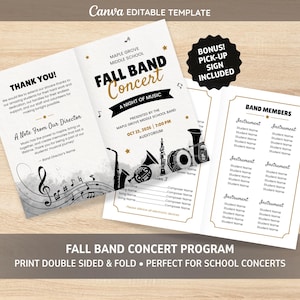 May include: A white, double-sided, foldable fall band concert program template featuring black and gold text, musical instrument illustrations, and a treble clef graphic. The text includes "Fall Band Concert," "Thank You," and "Band Members."