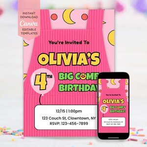 Op de afbeelding: Een roze verjaardagsuitnodiging met de tekst "You're Invited To OLIVIA'S 4th BIG COMFY BIRTHDAY!" en een bijpassend telefoonscherm. De uitnodiging heeft een tuinbroekontwerp met gele accenten en een ballongrafiek.