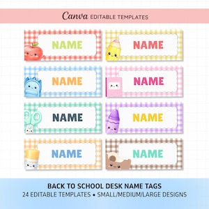 May include: Eight rectangular desk name tags with a gingham pattern border and scalloped white center. Each tag features a cute kawaii-style school supply illustration and the word NAME in colorful text. Text at top: Canva EDITABLE TEMPLATES.