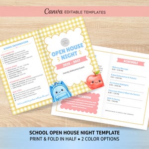 Plantilla de programa de puertas abiertas de Gingham / Folleto tríptico escolar / Folleto informativo para el evento de regreso a clases / Información para padres imprimible / Canva editable