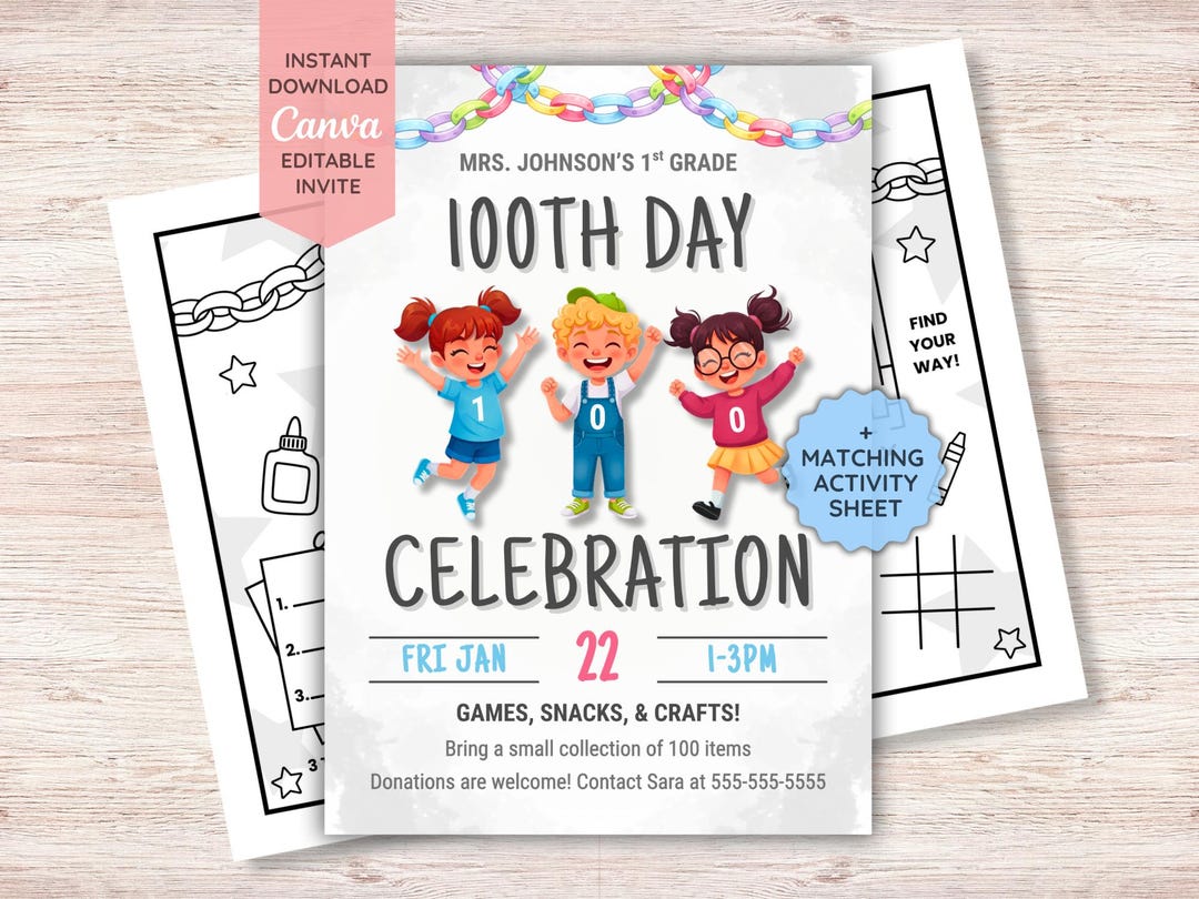 100 Days of School Classroom Party Invitation + Activity Sheet ...