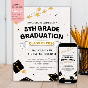 Plantilla de invitación para la graduación de 5.º grado / Invitación formal para la ceremonia escolar / Anuncio editable en Canva