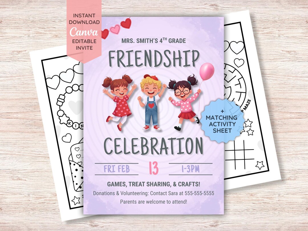 Valentine Classroom Party Invitation + Activity Sheet | Editable Canva ...