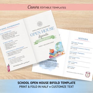 Peut inclure: Un modèle de programme bifold pour une journée portes ouvertes d'école avec le texte Maple Grove Elementary 2026-2027, des informations scolaires, horaires, procédures d'assiduité et un planning. Illustrations aquarelles de globe, livres et pomme.