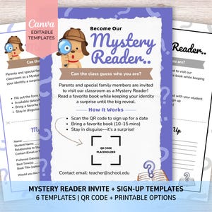 Mystery Reader Invite & Sign Up Vorlagen | Bearbeitbare Klassenzimmer Volunteer Forms | QR-Code Anmeldung | Druckvorlage für Lehrer